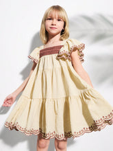 Young Girls' Square Neck Brown Lace Trim Embroidered Sleeve & Hem Beige A-Line Dresses